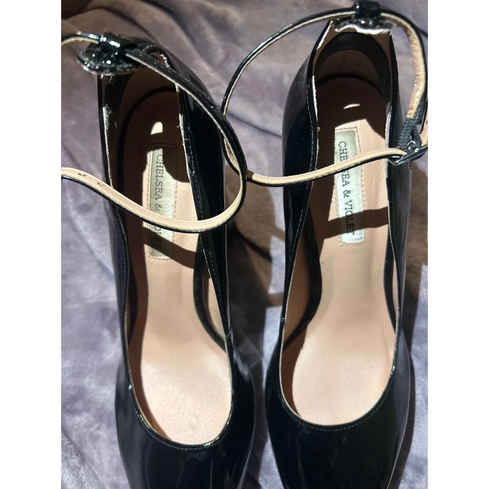 Chelsea &‎ Violet Black Patent Leather Platform Heels Ankle Strap Chunky Size 9